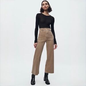 ZARA High Rise Wide Leg Crop Jeans Taupe Raw Hem Neutral US 10 EU 42